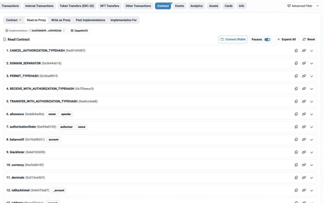 EtherscanのRead as Proxyにallowance、balanceOf、decimalsなどの読み取り関数が並ぶUSDC公開画面