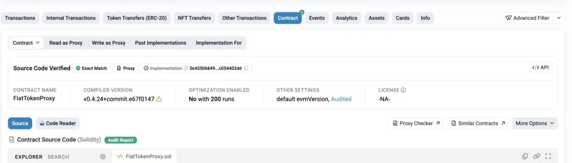 EtherscanのContractタブにSource Code Verified、Exact Match、Proxy、implementationが表示されたUSDC公開画面