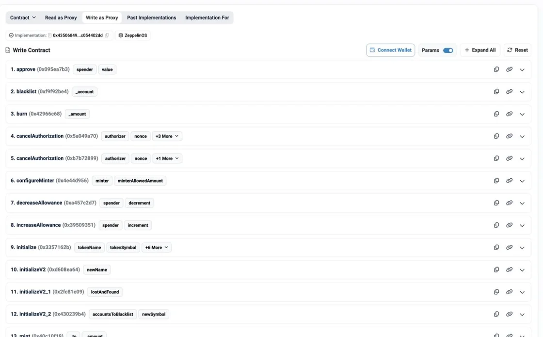 EtherscanのWrite as Proxyにapproveのspenderとvalue、その他の書き込み関数が並ぶUSDC公開画面