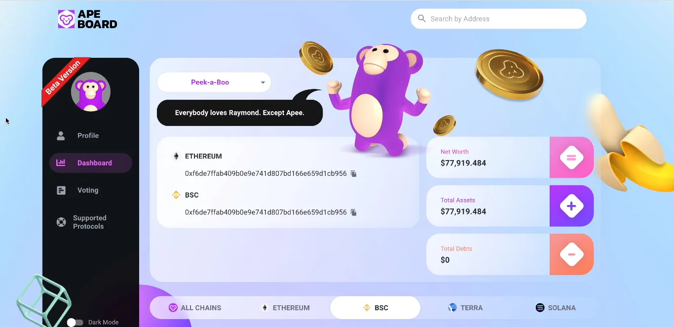 【DeFi】APEBOARDの紹介！複数チェーンでLP価格・LP内のトークン数が確認できる優秀な資産管理ツール！の説明画像