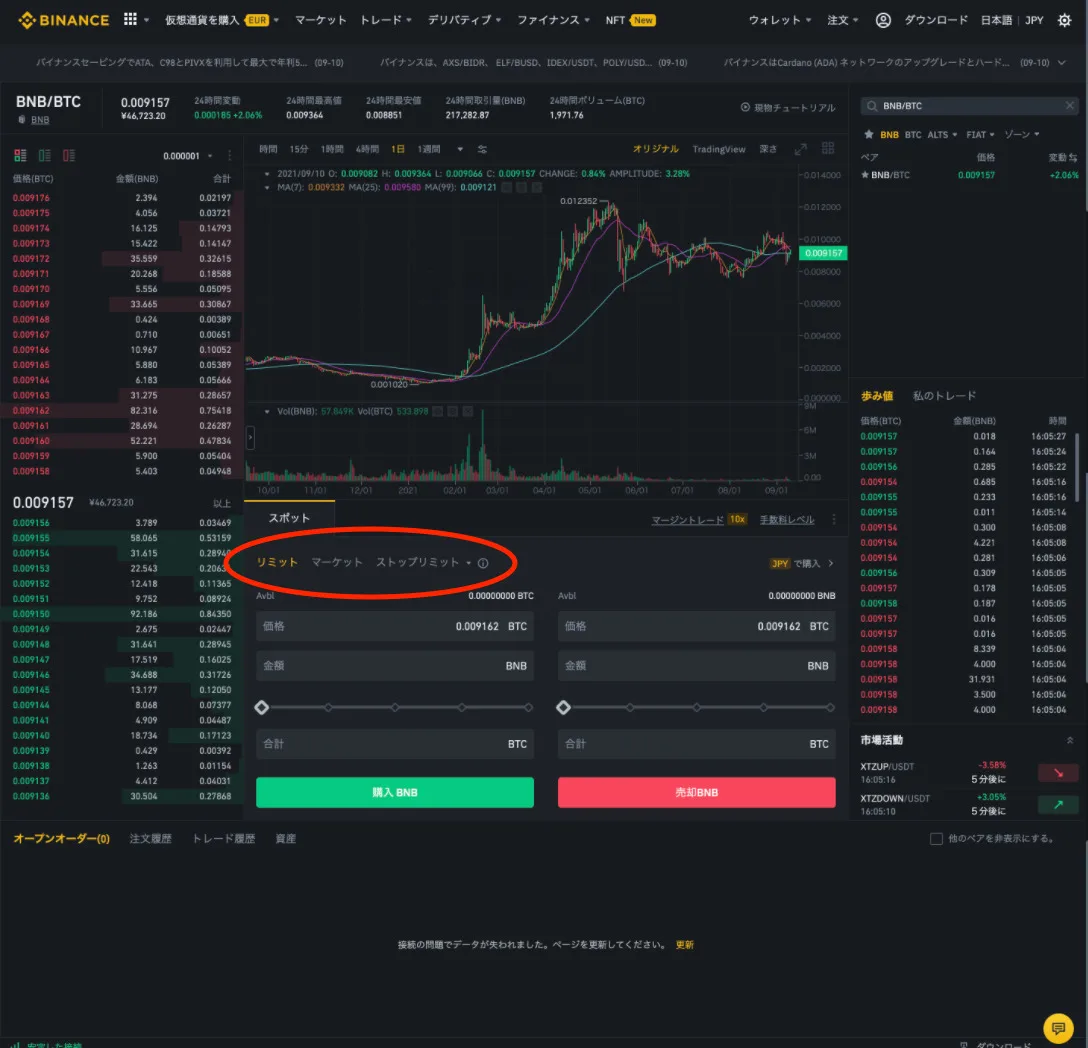 【BINANCE(バイナンス)】売却方法を解説！買い方・売り方(トレード)・手数料が安くなる方法・リミット・マーケット・ストップリミット注文の説明画像