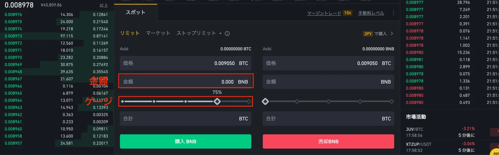 【BINANCE(バイナンス)】売却方法を解説！買い方・売り方(トレード)・手数料が安くなる方法・リミット・マーケット・ストップリミット注文の説明画像