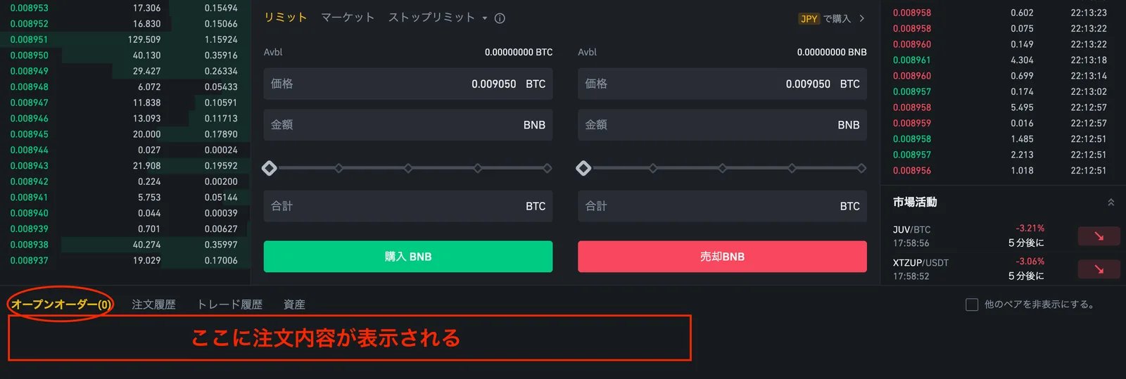 【BINANCE(バイナンス)】売却方法を解説！買い方・売り方(トレード)・手数料が安くなる方法・リミット・マーケット・ストップリミット注文の説明画像