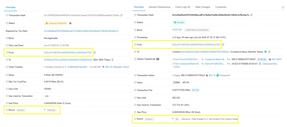 Etherscan公式例で元transactionがDropped and Replacedとなり、別hashが同じFromとnonce 7でSuccessになった比較画面