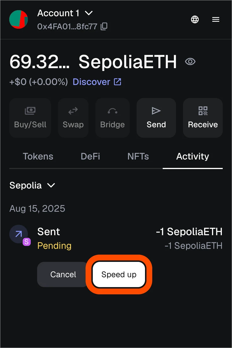 MetaMask公式HelpのSepolia Activity画面でSentがPendingとなりCancelとSpeed upボタンが表示されたExtension UI
