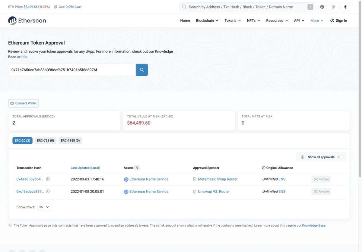 Etherscan Token Approval Checkerで公式寄付addressのtransaction hash、asset、approved spender、original allowanceが表示された公開画面