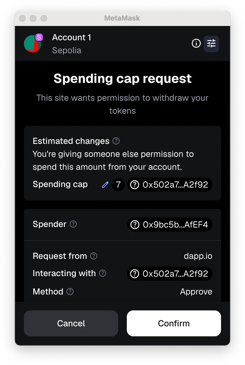 MetaMask公式HelpのSepoliaサンプルでSpending cap、Spender、Request from、Interacting with、Method Approveが表示された確認画面